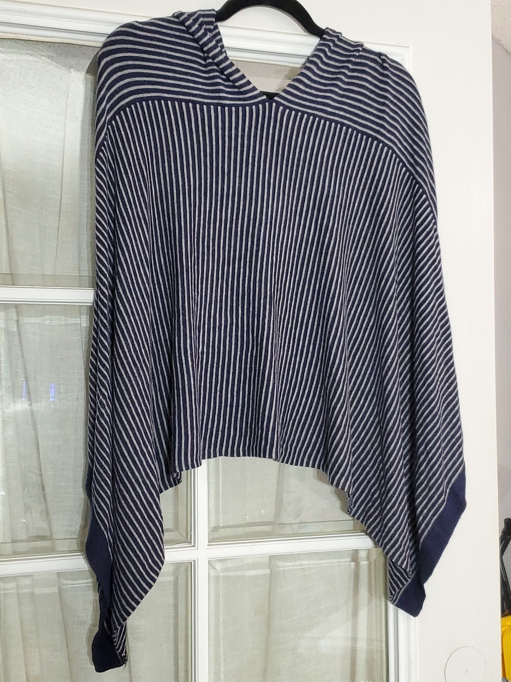 Eileen Fisher Navy and White Striped Hooded Poncho